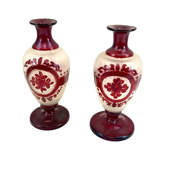 Antique Bohemian Ruby Glass Vases Pair Handblown Red Floral Design 7 Tall